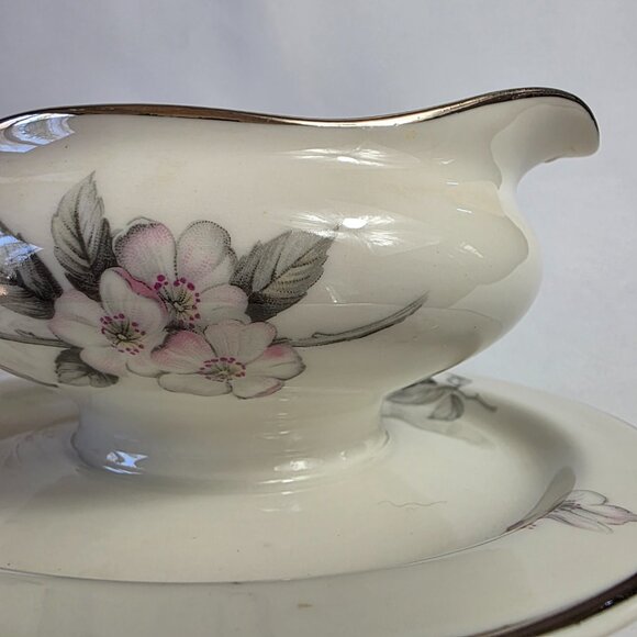 Manor House Spring Glory Gravy Boat & Underplate Pink & White Floral Gray Leaves - Picture 4 of 16